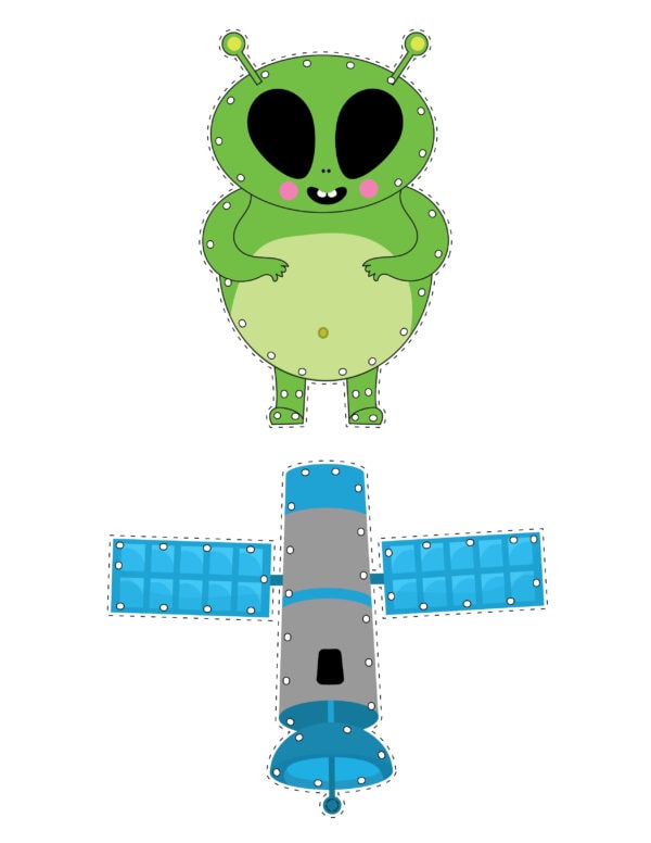 Outer space lacing cards featuring a smiling green alien and a blue satellite, both with dotted edges for lacing.