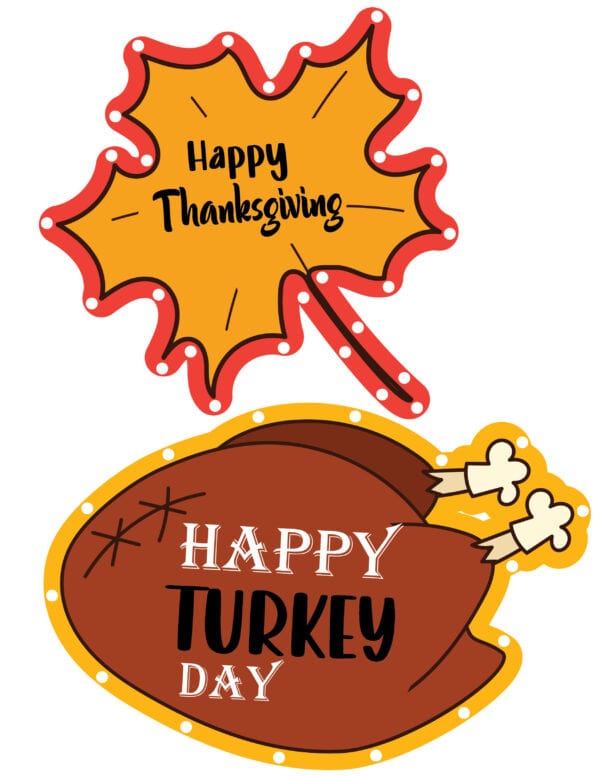 Two Thanksgiving lacing cards, one shaped like a maple leaf with the text 'Happy Thanksgiving,' and the other shaped like a roasted turkey with the message 'Happy Turkey Day.'
