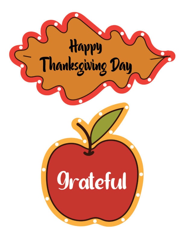 Two Thanksgiving lacing cards, one shaped like a leaf with the text 'Happy Thanksgiving Day,' and the other shaped like an apple with the word 'Grateful.'