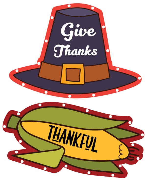 Two Thanksgiving lacing cards, one shaped like a pilgrim hat with the phrase 'Give Thanks,' and the other shaped like an ear of corn with the word 'Thankful.'