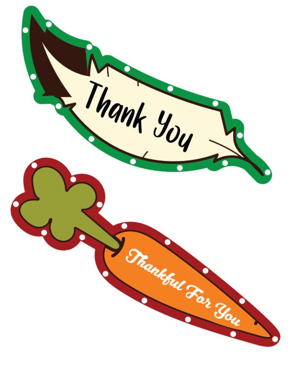 Two Thanksgiving lacing cards, one shaped like a leaf with the text 'Thank You,' and the other shaped like a carrot with the phrase 'Thankful For You.'