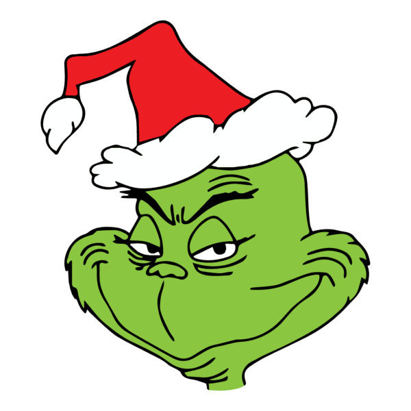 Grinch's face with a mischievous grin, wearing a red Santa hat with white trim, ideal for Cricut holiday designs.