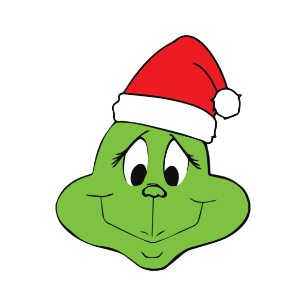 Green cartoon face with a sly smile, wearing a red Santa hat, resembling the Grinch, perfect for festive holiday Cricut projects.