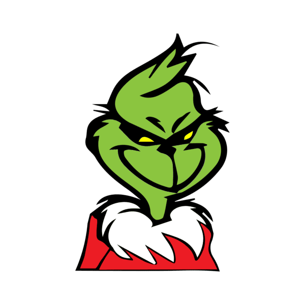 Grinch character with a sly grin, dressed in a red Santa outfit with white fur trim, perfect for holiday-themed Cricut designs.
