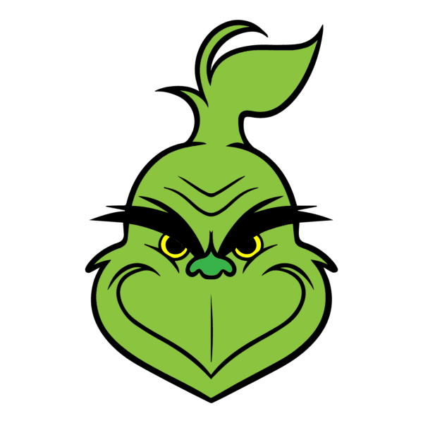 Grinch face with a mischievous expression, glowing yellow eyes, and tuft of hair, perfect for Cricut holiday crafts.