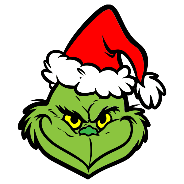 Grinch face with a sly grin, wearing a red Santa hat, glowing yellow eyes, and fluffy white trim, ideal for festive Cricut designs.