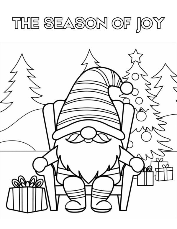 A whimsical gnome sitting on a wooden chair, wearing a tall, pointed hat and a cozy winter outfit, with a content smile. The scene is decorated with holiday elements like pine branches, ornaments, and a warm, glowing lantern by the chair's side.
