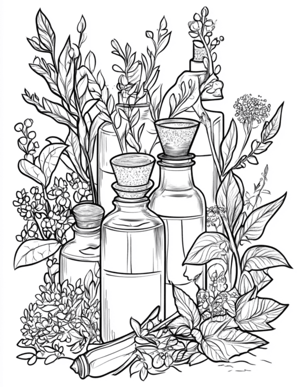 Kitchen Condiments with Vines: A charming arrangement of kitchen condiments, such as jars and bottles, on a countertop, with lush green vines elegantly crawling around them.