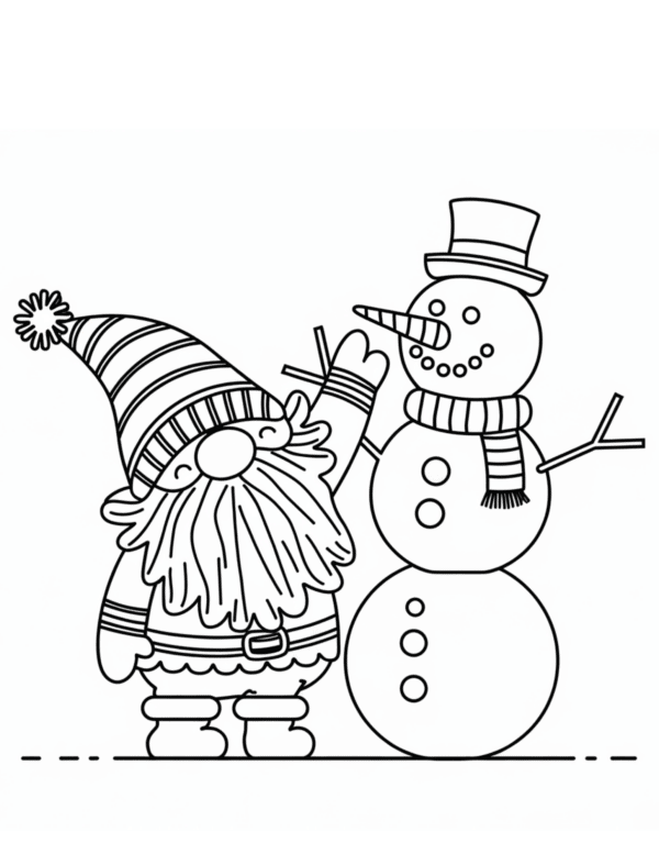 Gnome with a Snowman: A gnome putting the finishing touches on a snowman, adding a carrot nose and a scarf.