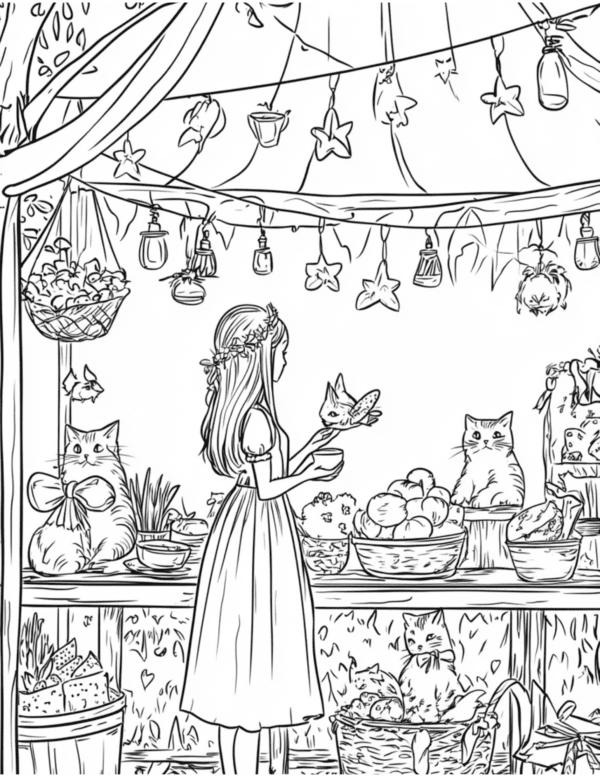 Girl Holding a Bird with Cats Watching: A young girl gently holding a bird in her hands, while curious cats sit nearby, attentively observing the scene in a peaceful setting.