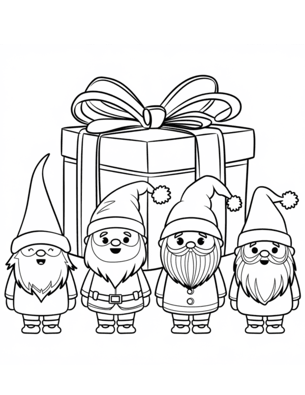 Gnomes with Large Gift: A cheerful gnome wearing a festive hat and holding a giant wrapped present with a big bow.