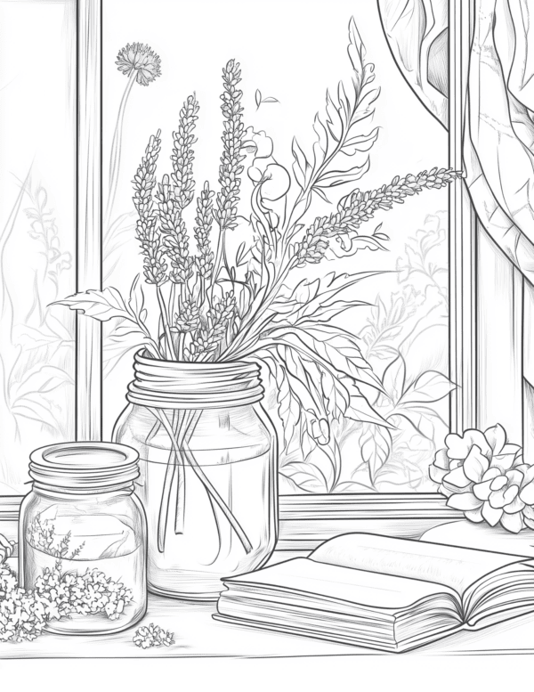 Flowers in a Jar on the Window: A simple jar filled with fresh, colorful flowers placed on a windowsill, with soft natural light streaming through the window and a serene outdoor view in the background.