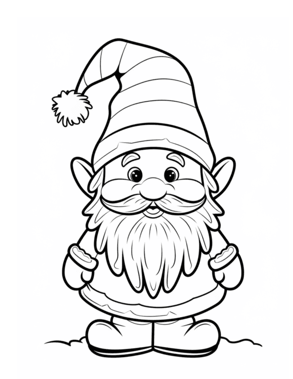 Gnome Standing: A cute gnome standing upright with a tall, pointed hat, a bushy beard, and a cheerful expression. The gnome is wearing a cozy sweater and boots