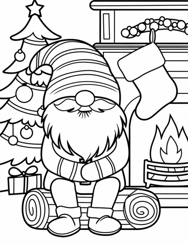 Gnome Sitting in a Log Near a Fireplace: A cozy gnome sitting inside a hollow log, wearing a warm knitted hat and scarf. The gnome is smiling, with a flickering fireplace casting a soft glow in the background, and a few stockings hanging above the hearth.