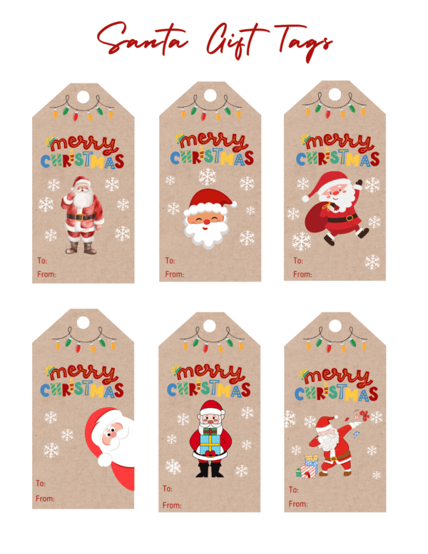 Free printable Santa gift tags to add a festive touch to your holiday gifts! Featuring cheerful Santa designs, these tags are easy to print and use, perfect for adding charm to any present under the tree. Just download, cut, and attach to bring extra holiday cheer to your gift-giving