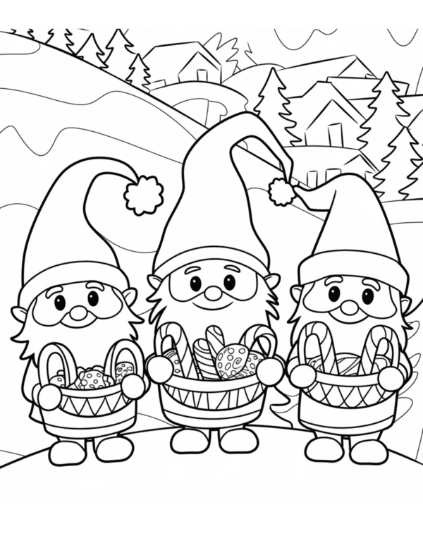 Three Gnomes with Candy Cane Basket: Three gnomes, each wearing a colorful holiday hat, joyfully holding a large woven basket filled with candy canes. The gnomes stand together, smiling, and a winter scene in the background.