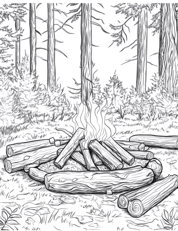 Firewood in the Forest: A stack of neatly arranged firewood placed in a forest setting, surrounded by tall trees and fallen leaves, with dappled sunlight filtering through the canopy.