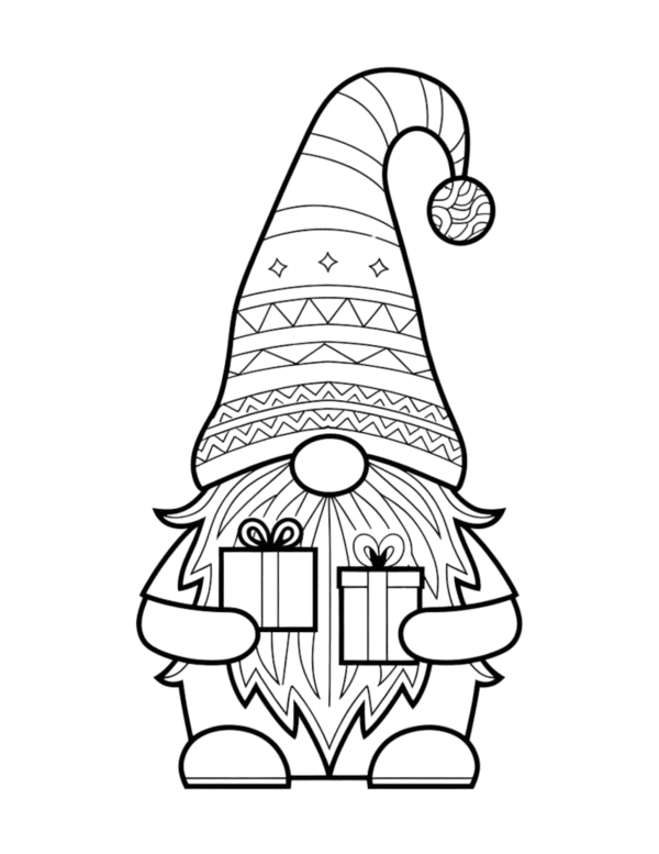 A Gnome in a christmas hat holding christmas gifts.