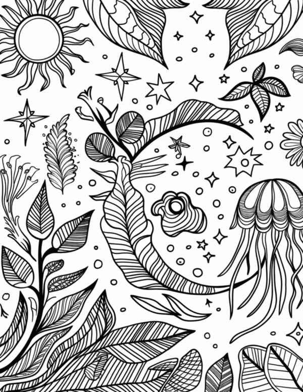 Painting of Jellyfish, Leaves, Stars, and Sun in a Portrait: A vibrant and whimsical portrait-style painting featuring delicate jellyfish floating gracefully, surrounded by lush leaves, sparkling stars, and a radiant sun, blending nature and fantasy in a stunning visual composition.