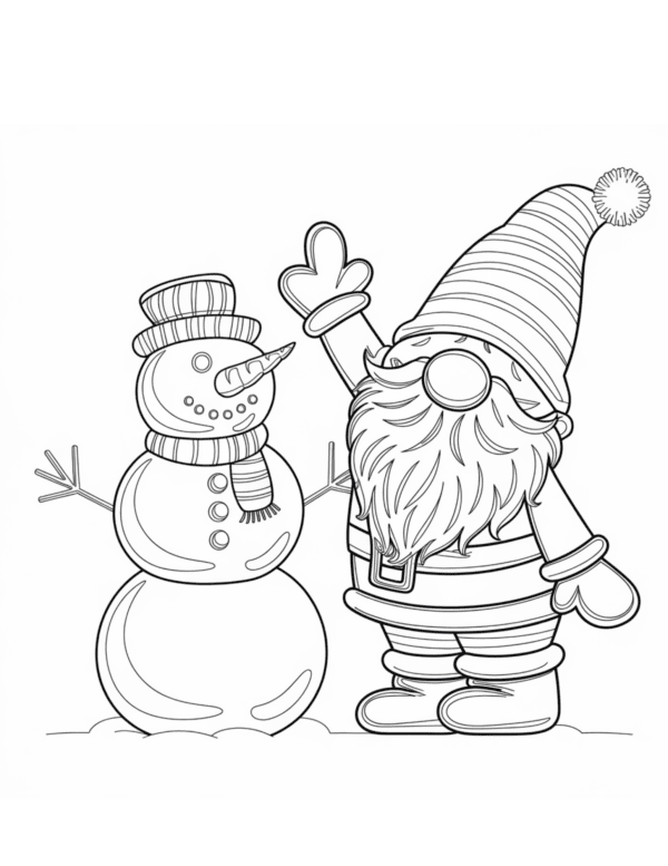 Gnome posing with a snowman in a christmas hat