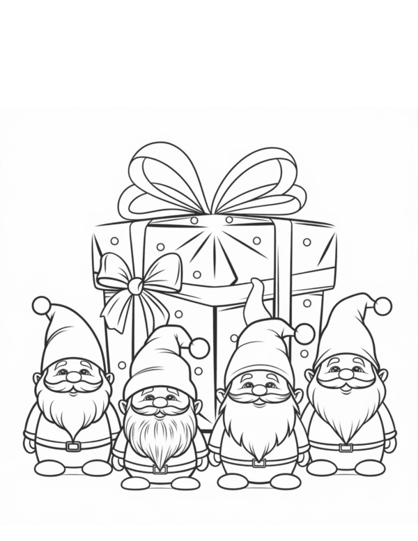 Gnomes with Large Gift: A cheerful gnomes wearing a festive hat and holding a giant wrapped present with a big bow. The gift is decorated with holiday patterns, and the background features snowflakes and twinkling lights.