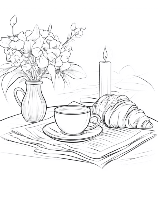 Flower Vase, Croissant, Candle, and Mug on the Table: A charming scene featuring a vase of fresh flowers, a golden croissant, a lit candle, and a steaming mug, all neatly arranged on a wooden table, creating a cozy and inviting atmosphere.