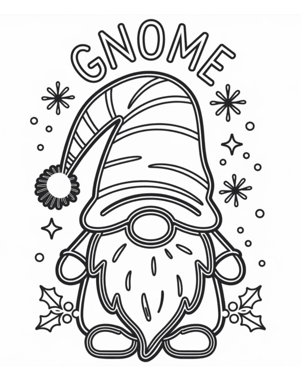 Gnome with Snowflakes: A jolly gnome wearing a cozy red hat and scarf, surrounded by delicate snowflakes gently falling around him. The gnome stands in a wintery landscape, with a soft snowy background and a cheerful expression.
