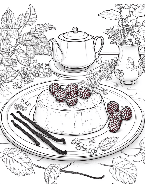 Pudding Topped with Berries, Flower Vase, and Tea with Leaves: A delicious bowl of creamy pudding topped with fresh berries, accompanied by a delicate flower vase and a cup of tea garnished with leaves, all elegantly arranged on a table for a serene and indulgent experience.