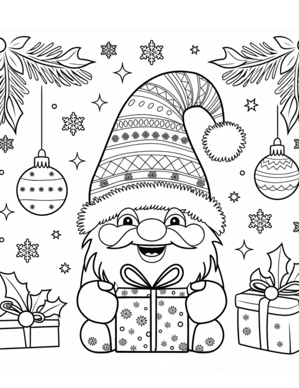 Gnome Holding a Present and Smiling: A happy gnome wearing a festive hat and scarf, holding a beautifully wrapped gift with a large bow. The gnome is smiling brightly, with snowflakes and holiday decorations in the background, adding to the cheerful atmosphere.