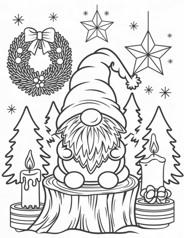 Gnome Sitting in a Cut Tree: A cozy gnome nestled inside the hollowed-out center of a tree stump, surrounded by snow and festive decorations like holly, pinecones, and glowing fairy lights. The gnome is wearing a warm, hat.
