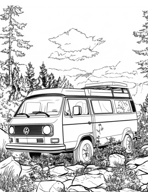 Van in the Forest: A parked van surrounded by towering trees and dense forest underbrush, with sunlight filtering through the branches, creating a peaceful and rustic outdoor setting.