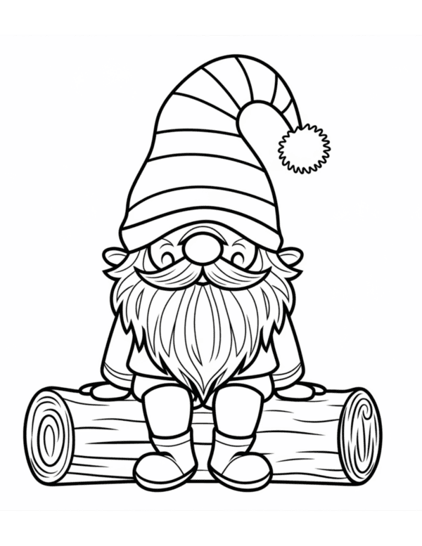 Gnome sitting on a log wearing a christmas hat