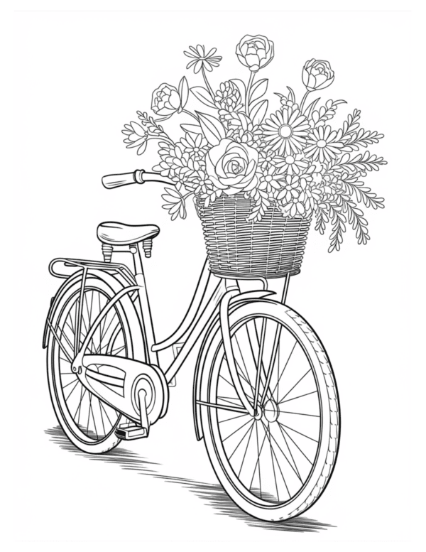 Bicycle with Flowers in a Basket: A charming bicycle with a woven basket at the front, filled with vibrant, fresh flowers, set against a scenic backdrop of greenery or a quaint street, evoking a sense of joy and nostalgia.