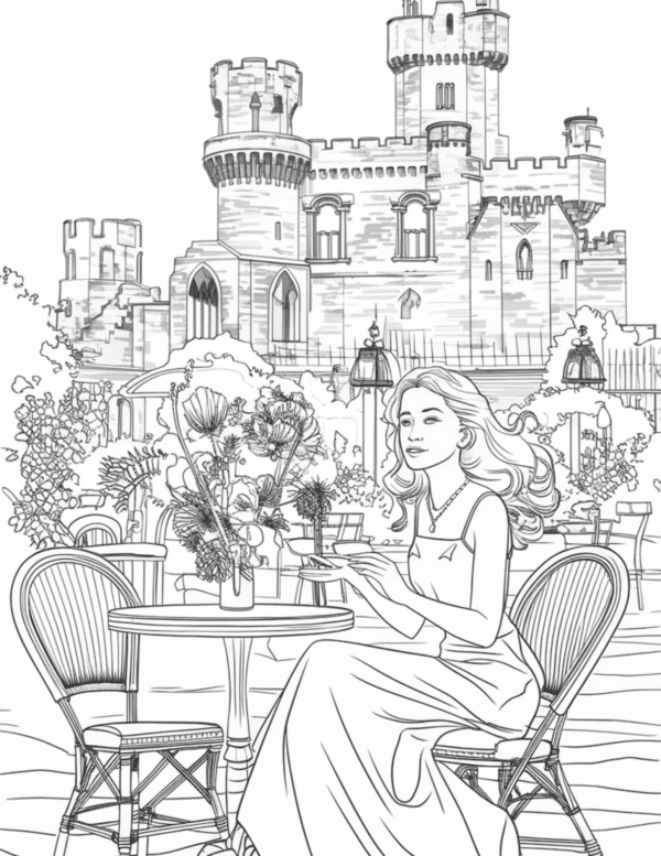 beautiful girl holding a cup of tea with a scenic castle in the background