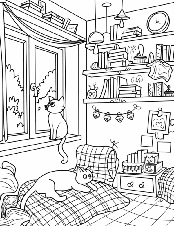 
Cats in the Room: A cozy room with several curious cats lounging, playing, or exploring the space, adding warmth and comfort to the scene. The room is filled with soft lighting, creating a peaceful and homely atmosphere.