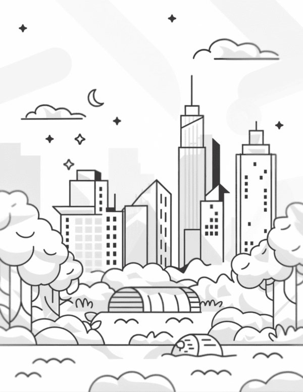 Tall Buildings: A skyline featuring towering buildings, with sleek modern architecture and glass facades, stretching high into the sky, set against a clear or cloud-filled backdrop. The scene conveys a sense of urban energy and grandeur.