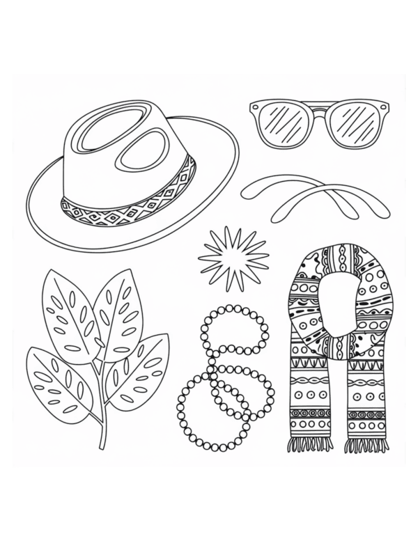hats, scarfs, eyeglasses, leaves, jewelries in one photo