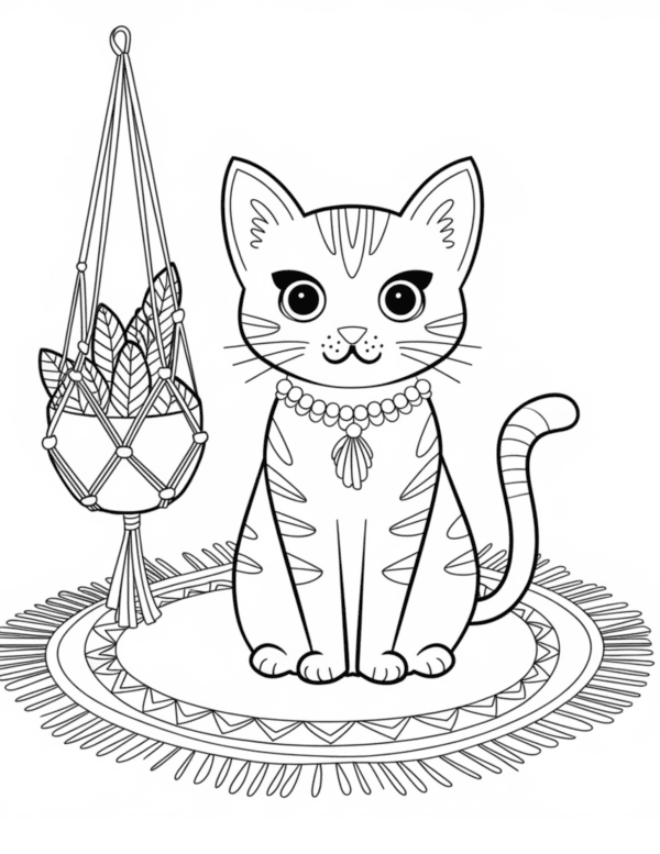 An adorable cat with necklace, sitting in a round carpet with hanging plant beside her 