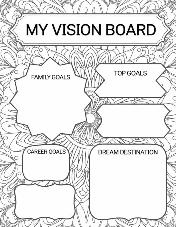 Get creative and motivated with Vision Board Coloring Pages. Colorful designs to inspire your goals and dreams, making them a reality