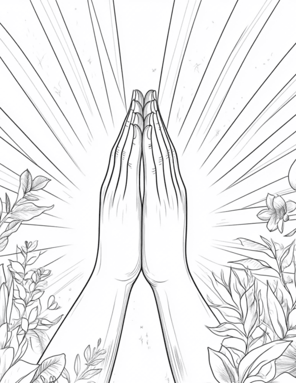 Praying Hands: A pair of hands clasped together in prayer, fingers interlocked, set against a serene background, symbolizing faith and reflection.