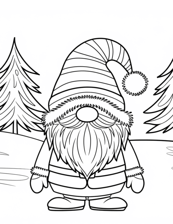 A whimsical gnome standing in a snowy landscape, wearing a tall, patterned winter hat and a cozy santa claus outfit.