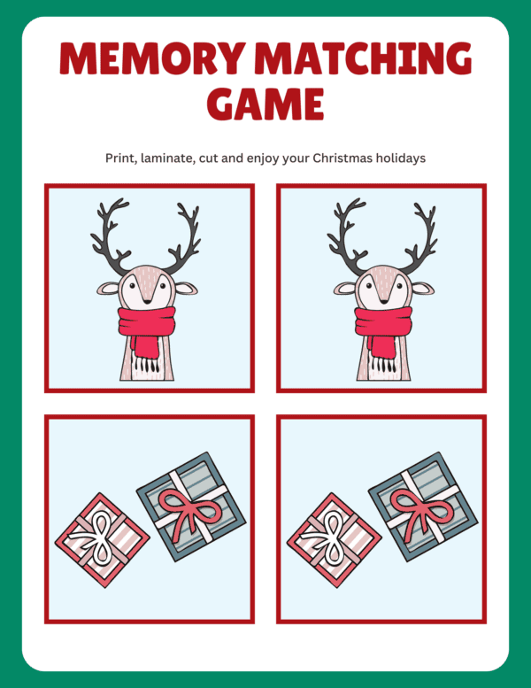 Free Memory matching game that you can print, laminate, cut and enjoy your Christmas holidays.