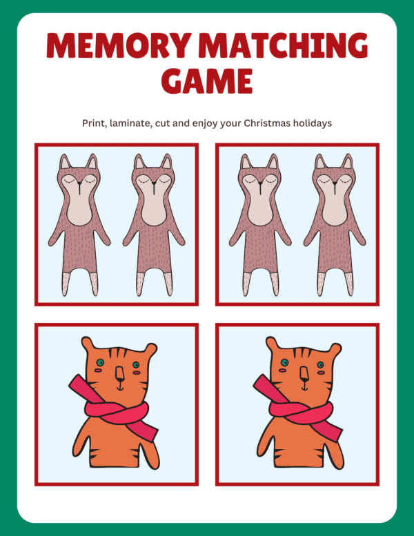 Bright and festive Christmas Memory Matching Game featuring colorful holiday-themed cards like ornaments, candy canes, snowflakes, and Santa hats. A fun and engaging activity for kids and families to improve memory skills while celebrating the holiday spirit. Perfect for holiday parties, classrooms, or cozy family game nights
