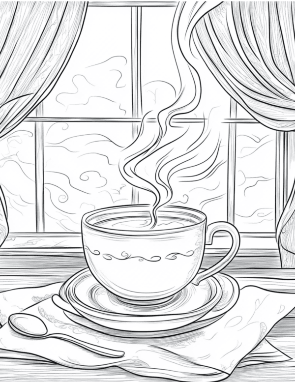 Coffee and Window: A steaming cup of coffee on a cozy table, with a softly lit window in the background.