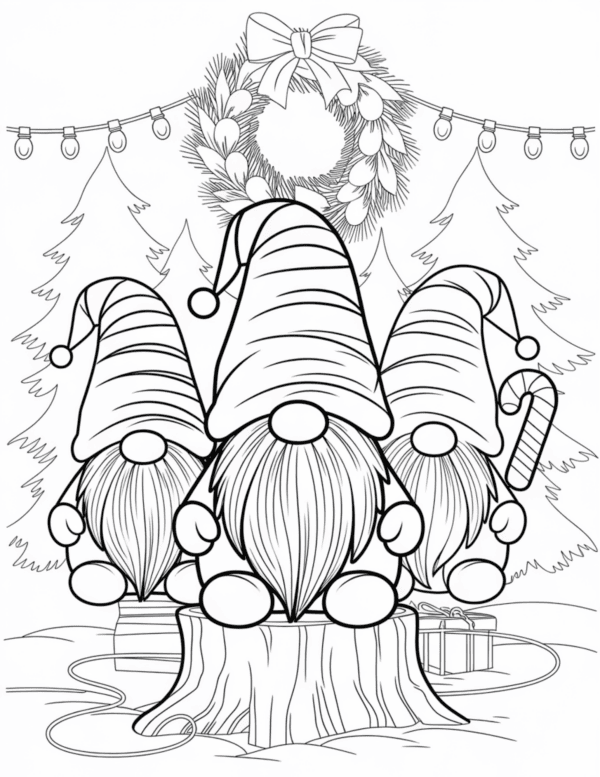 Gnomes Sitting in a Tree Stump: A group of cheerful gnomes sitting inside a hollow tree stump decorated with festive garlands, holly berries, and twinkling lights, surrounded by snow and pine trees in the background.