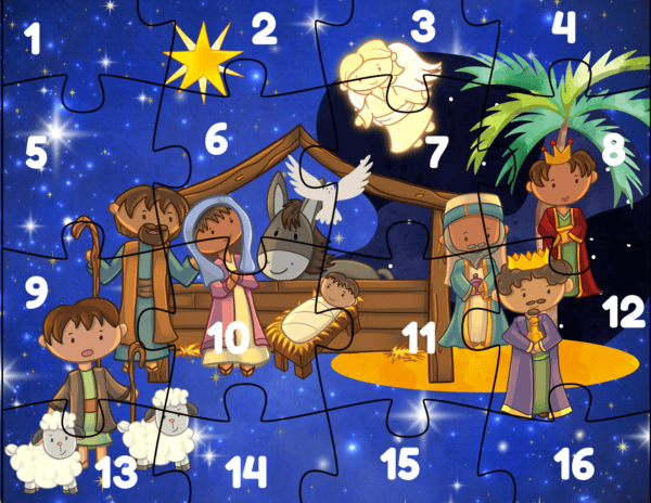 Colorful, numbered Nativity puzzle featuring the Holy Family, shepherds, wise men, animals, an angel, and a bright star in a starry night sky