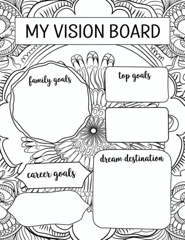 Turn your dreams into a colorful reality with Vision Board Coloring Pages. A unique and inspiring activity for manifesting your goals.