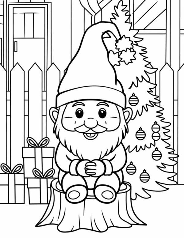 Gnome Sitting in a Tree Stump: A cheerful gnome relaxing inside a hollow tree stump, wearing a pointy hat and boots, with christmas tree and gifts at the background