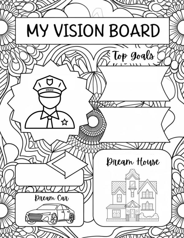 My Vision board showing your top goals with Dream House, Dream car and police officer