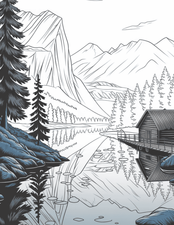 Nature-Inspired Aesthetic Coloring Page: A serene nature scene with trees, mountains, and flowing rivers, offering a peaceful escape through coloring.
